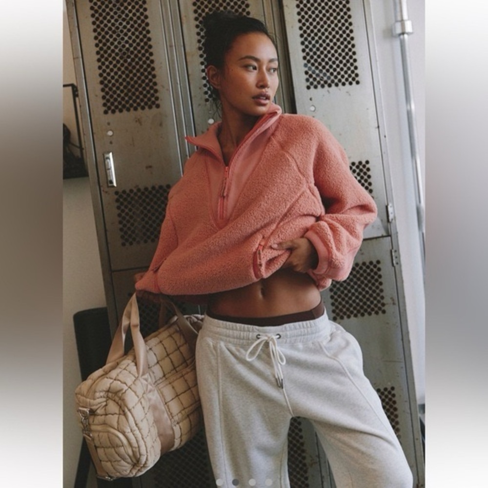 Free people ready set rib fleece pullover frosted peach